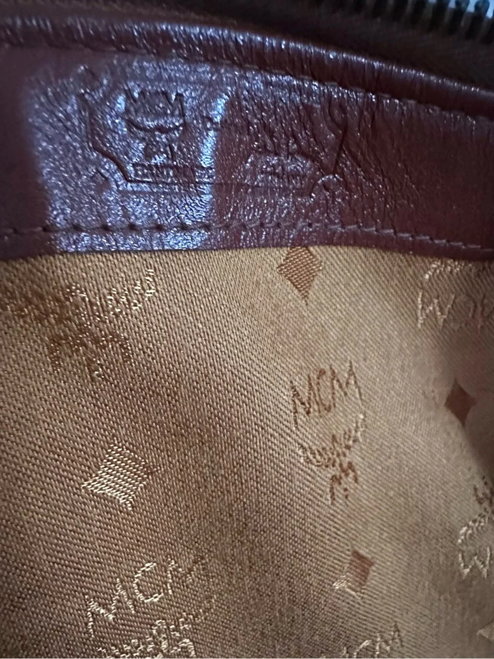 MCM Tan Cognac Monogram Duffel with Brown Leather Handles